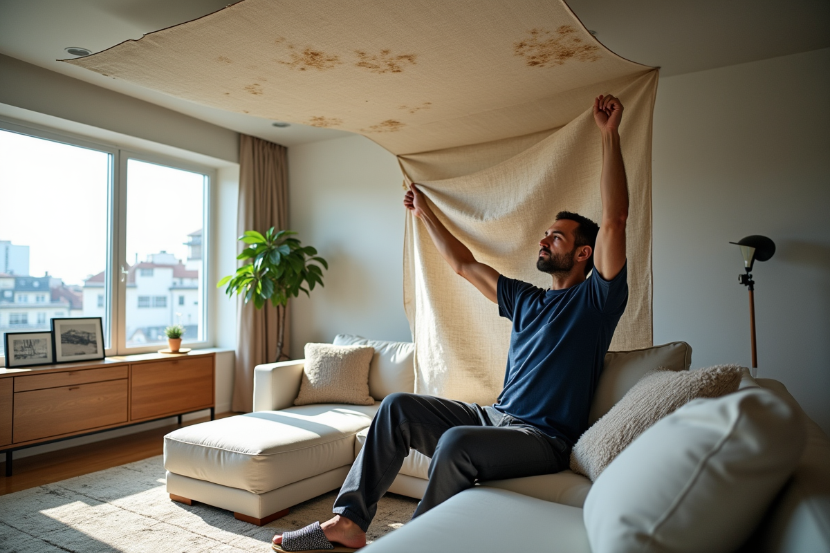 Homme assis tenant un tapis à attacher au plafond taché