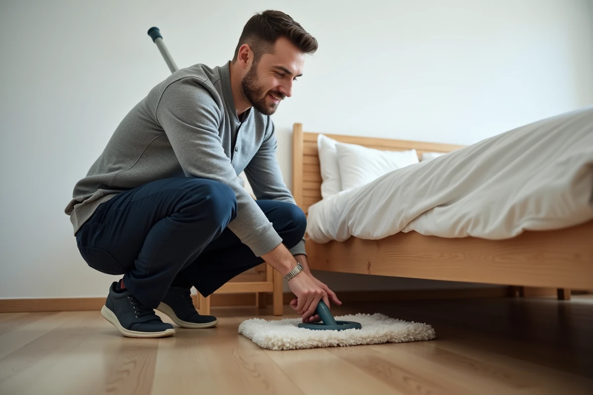 Homme passant un balai lave-sols à plat sous un lit dans une petite chambre au parquet clair