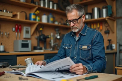 Homme bricoleur lisant un magazine de bricolage Bricolife sur un établi en bois dans un atelier domestique bien équipé