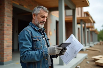 Homme en travail sur un chantier avec plans numériques