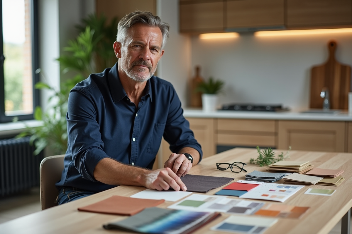 Homme en cuisine choisissant des couleurs et tissus