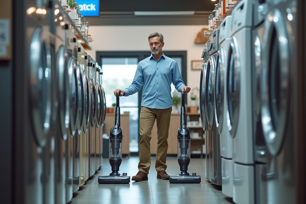 Homme comparant deux aspirateurs en magasin