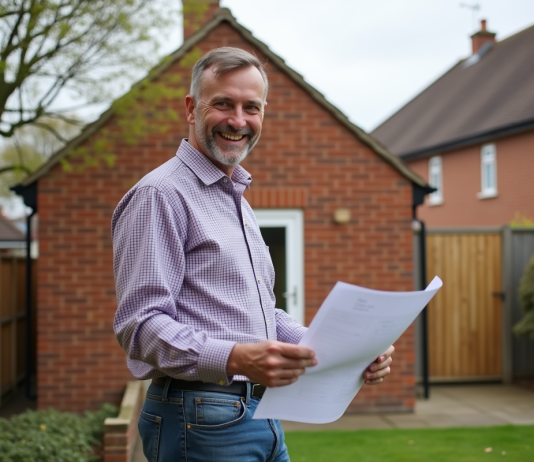 Construire une extension sans permis de construire au Royaume-Uni : taille maximale autorisée Homme souriant devant extension de maison britannique
