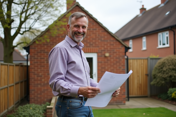homme-construction-maison-britannique Homme souriant devant extension de maison britannique