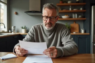 Homme d'âge moyen vérifiant sa facture de gaz à la maison