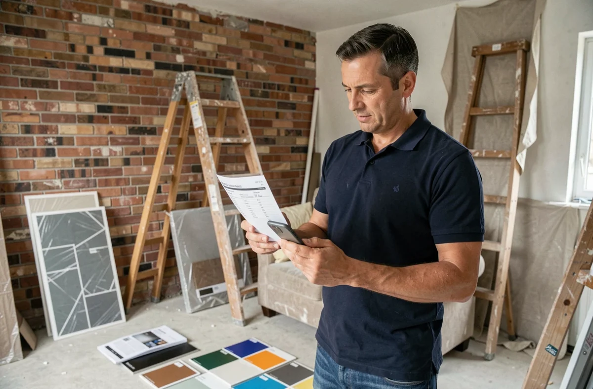 Homme debout dans un chantier de rénovation consultant un devis travaux sur son smartphone