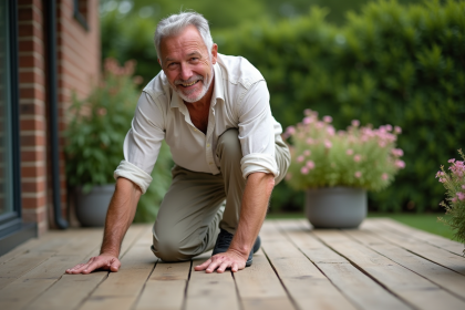 Homme d'âge moyen examine une terrasse en bois naturel