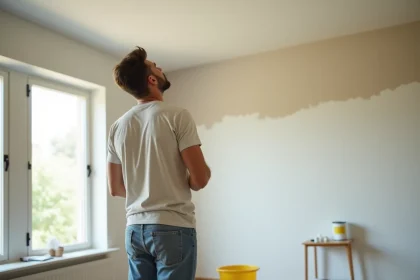 Homme regardant un plafond peint avec contraste de finitions