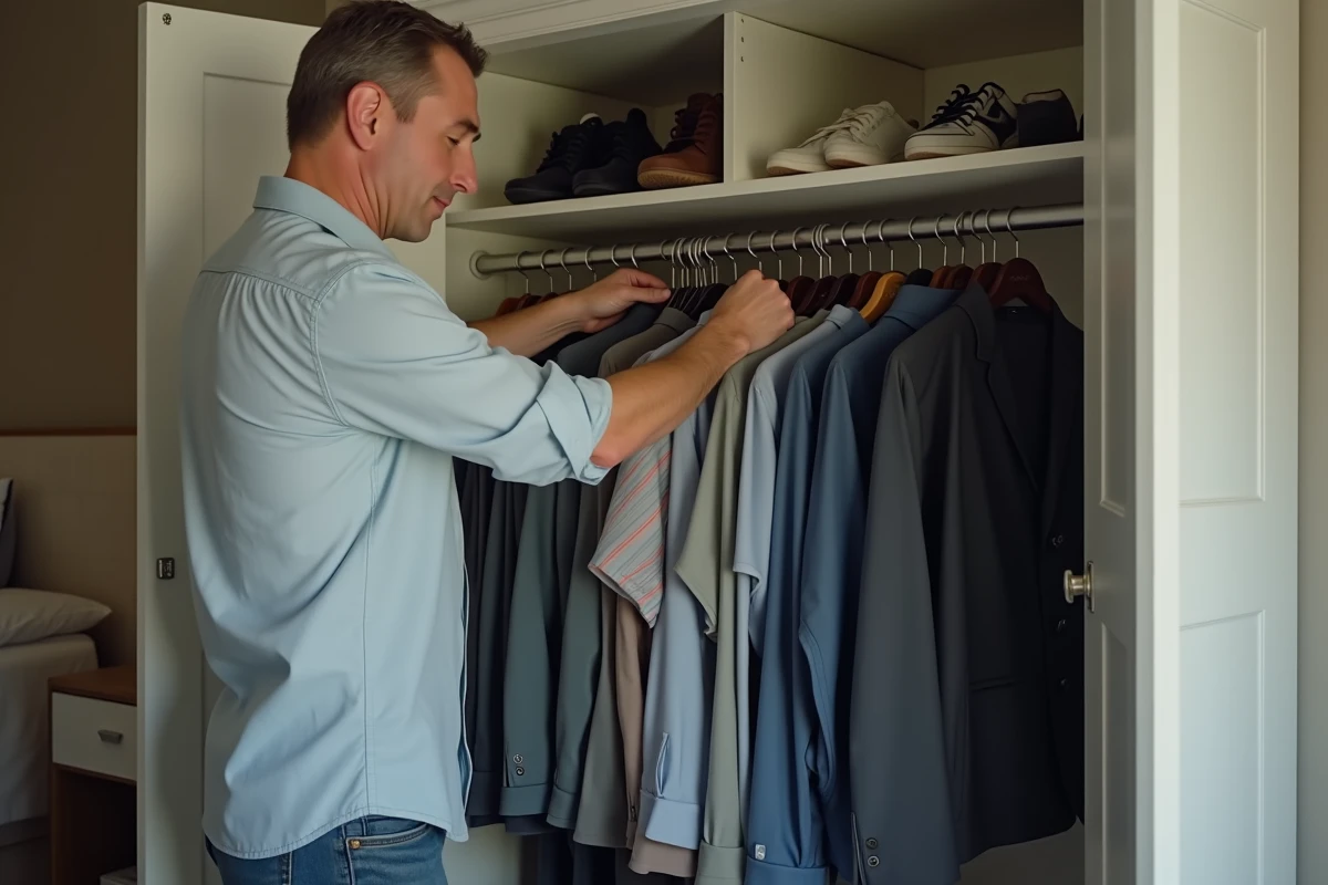 Homme montrant une astuce pour gagner de la place avec des cintres