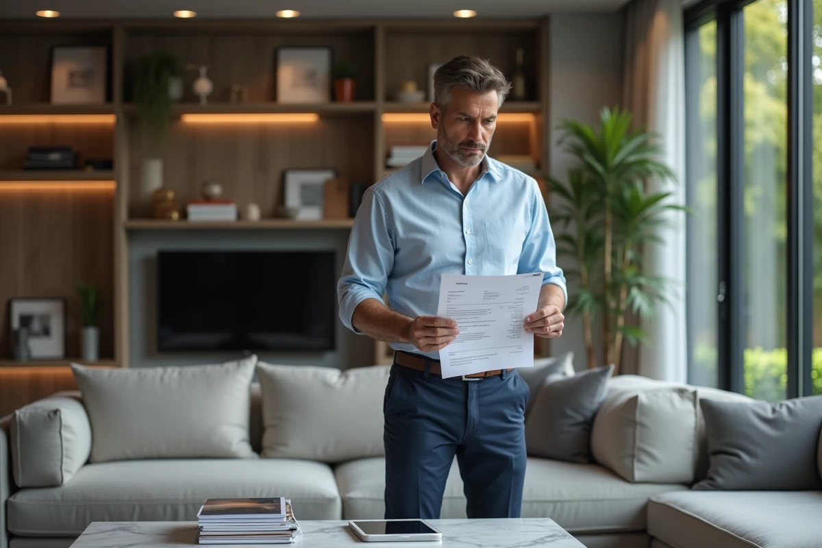 Homme vérifiant une facture dans un salon moderne