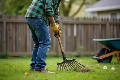 Homme d'âge moyen en jeans et chemise verte ratisse la pelouse