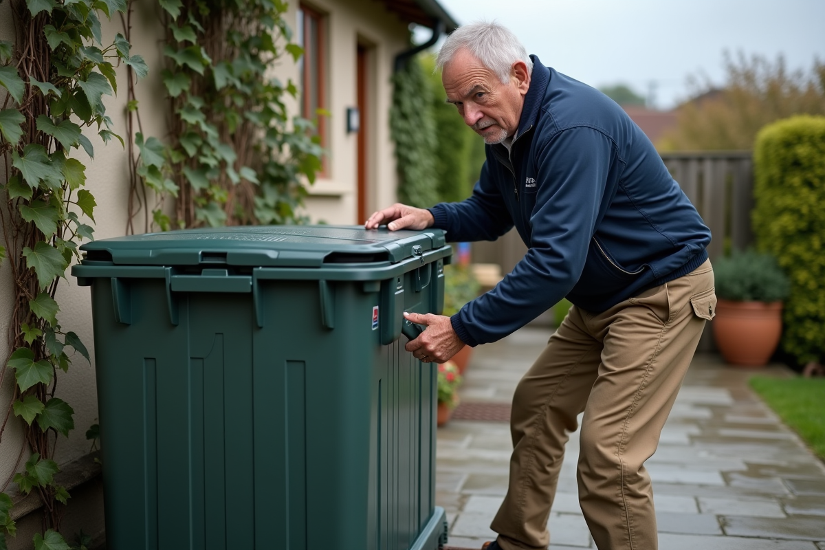 Homme âgé verrouillant une boîte de rangement de jardin