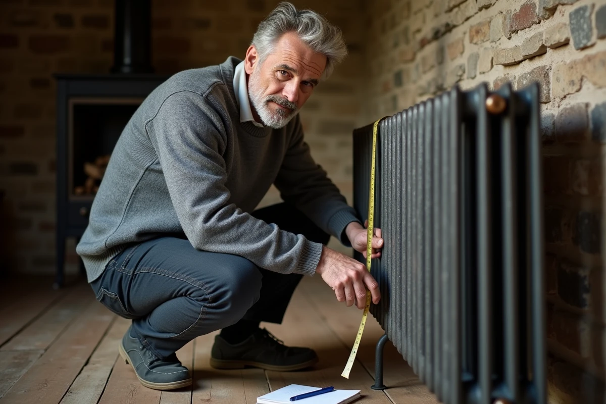 Homme mesurant un radiateur en fonte d'occasion dans un salon de maison de campagne pour calculer la puissance nécessaire