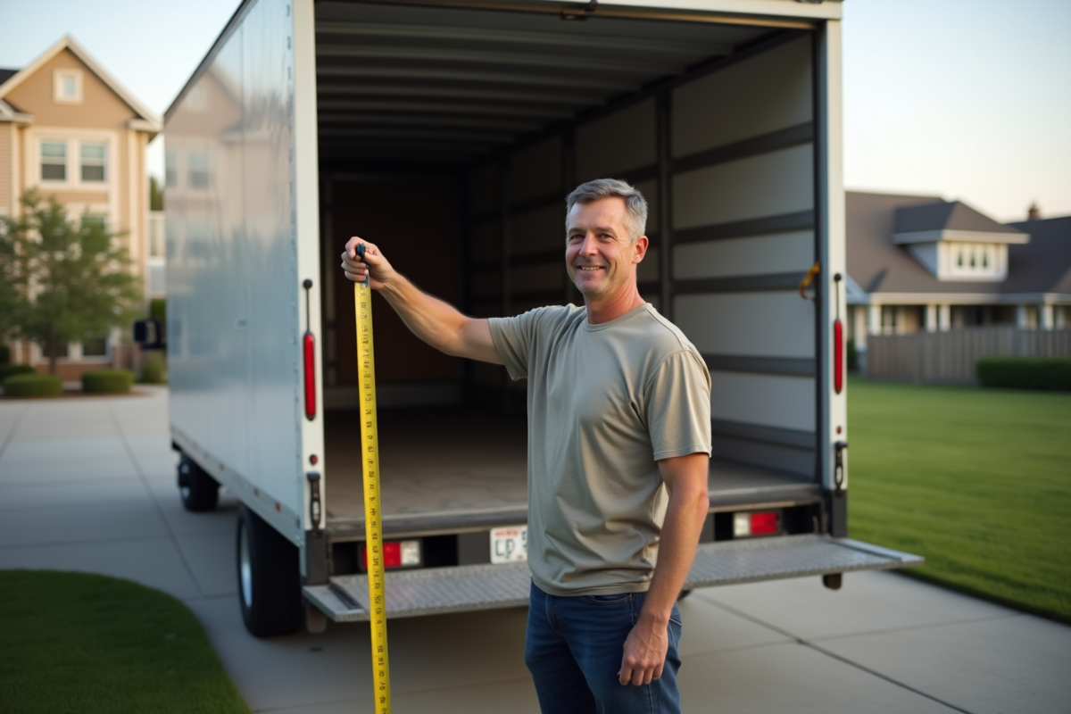 Homme mesurant l’intérieur d’un camion de déménagement