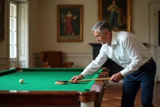 Homme en blanc nettoyant une table de billard classique