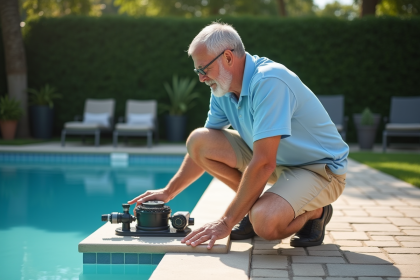 Homme en polo bleu vérifiant le système de filtration piscine