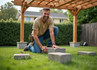 Construire une pergola sans creuser : techniques et astuces faciles à appliquer Homme souriant posant avec pergola en bois dans jardin