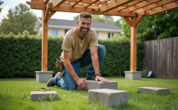 Construire une pergola sans creuser : techniques et astuces faciles à appliquer Homme souriant posant avec pergola en bois dans jardin