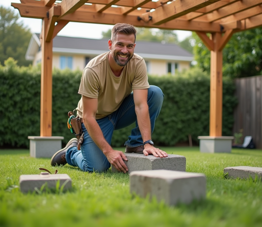Construire une pergola sans creuser : techniques et astuces faciles à appliquer Homme souriant posant avec pergola en bois dans jardin
