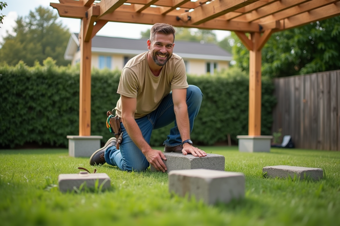 Homme souriant posant avec pergola en bois dans jardin