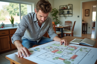 Homme d'âge moyen étudie un plan de canalisation dans une maison lumineuse