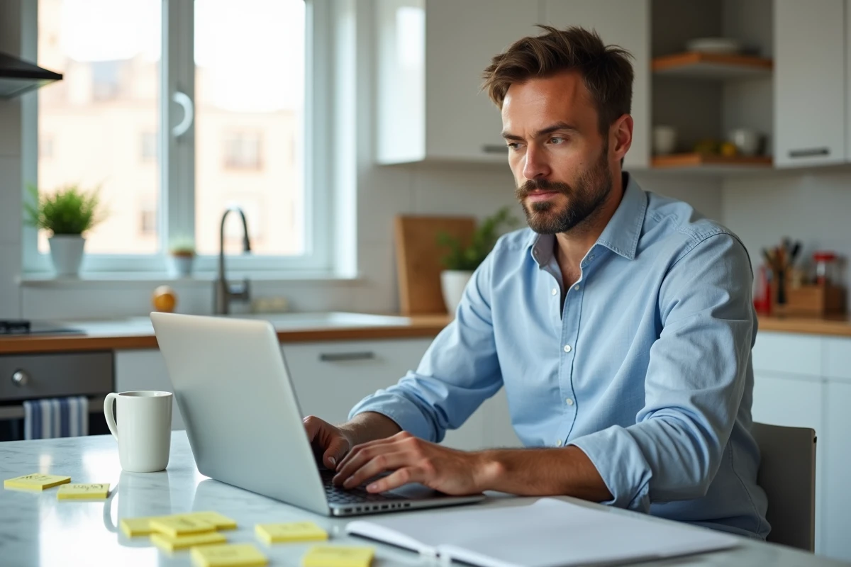 Homme planifiant son déménagement avec une checklist en ligne sur ordinateur portable entouré de notes autocollantes sur une table de cuisine moderne