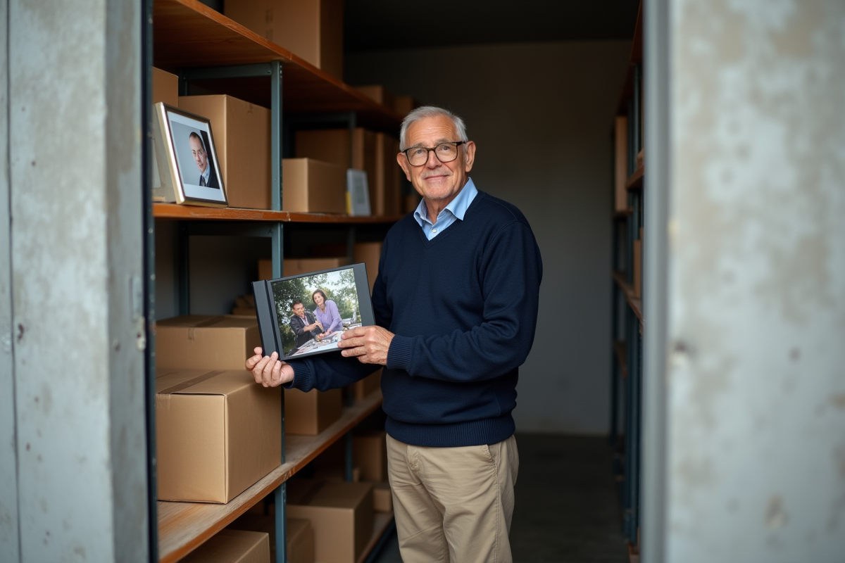 Homme plaçant un album photo dans une étagère de stockage