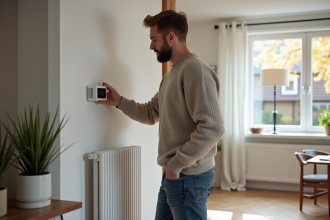 Homme ajustant le thermostat d’un radiateur électrique moderne