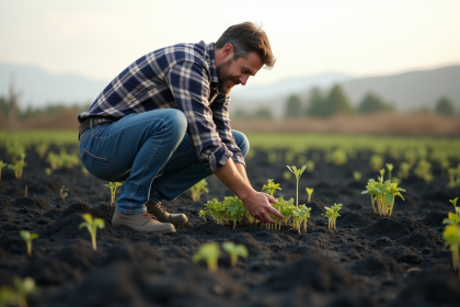 Homme en jeans examine des pousses vertes dans un champ brûlé