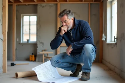 Homme en workwear examine plans de renovation dans une pièce en travaux