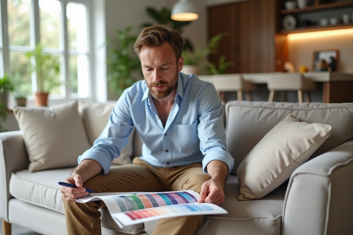 Homme en tenue décontractée examinant une palette de couleurs