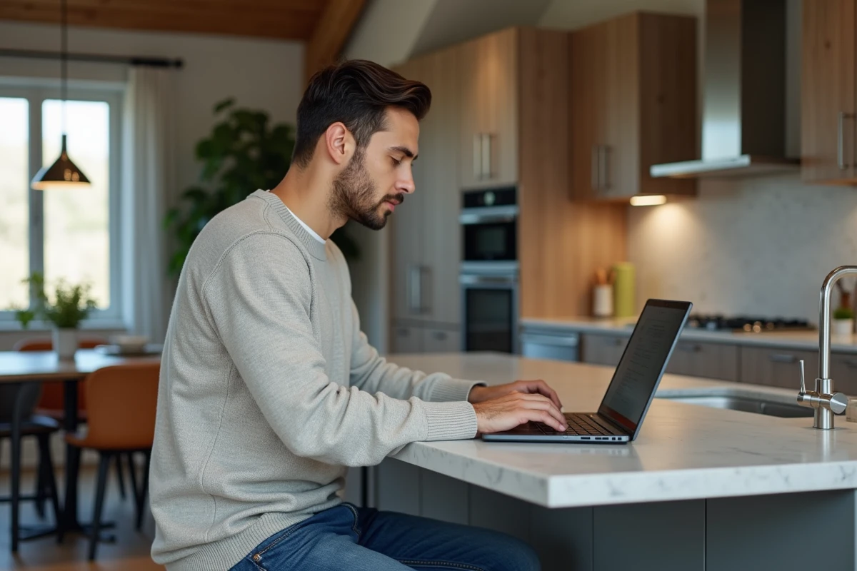 Homme en casual configurant des appareils connectes dans la cuisine