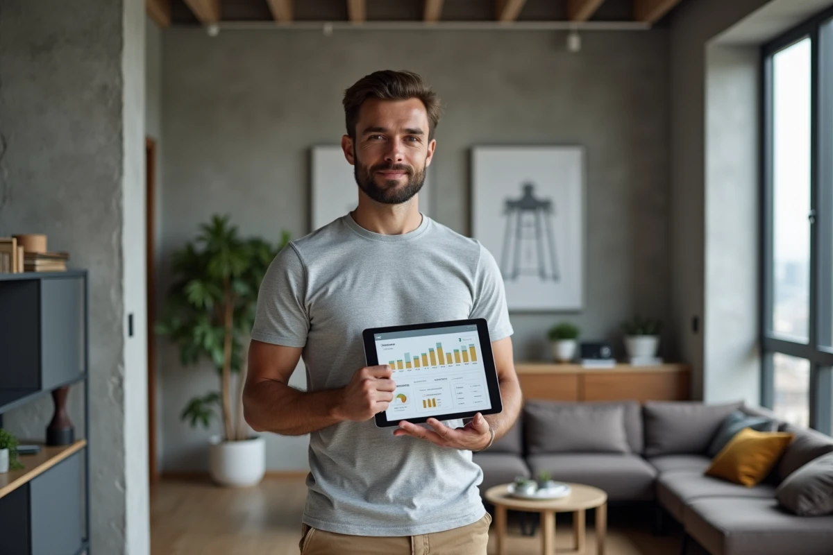 Homme organisant son logement gratuitement avec l'application COZYCASA sur tablette dans un appartement moderne