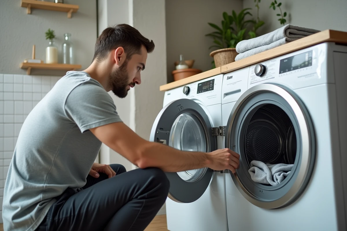 Homme vérifiant le tiroir à lessive d'un lave-linge avec une étiquette de soin et des produits écoresponsables à portée de main