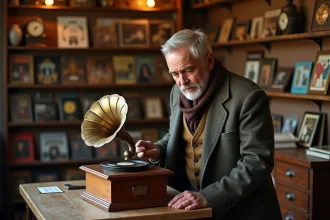 Homme d'âge moyen inspectant un gramophone ancien dans une boutique vintage