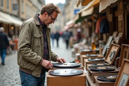 Homme d'âge moyen examinant des vinyles vintage au marché