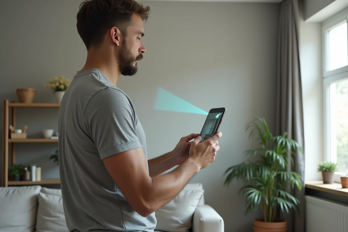 Homme visualisant une simulation de couleur murale avec une application de décoration sur smartphone dans son salon