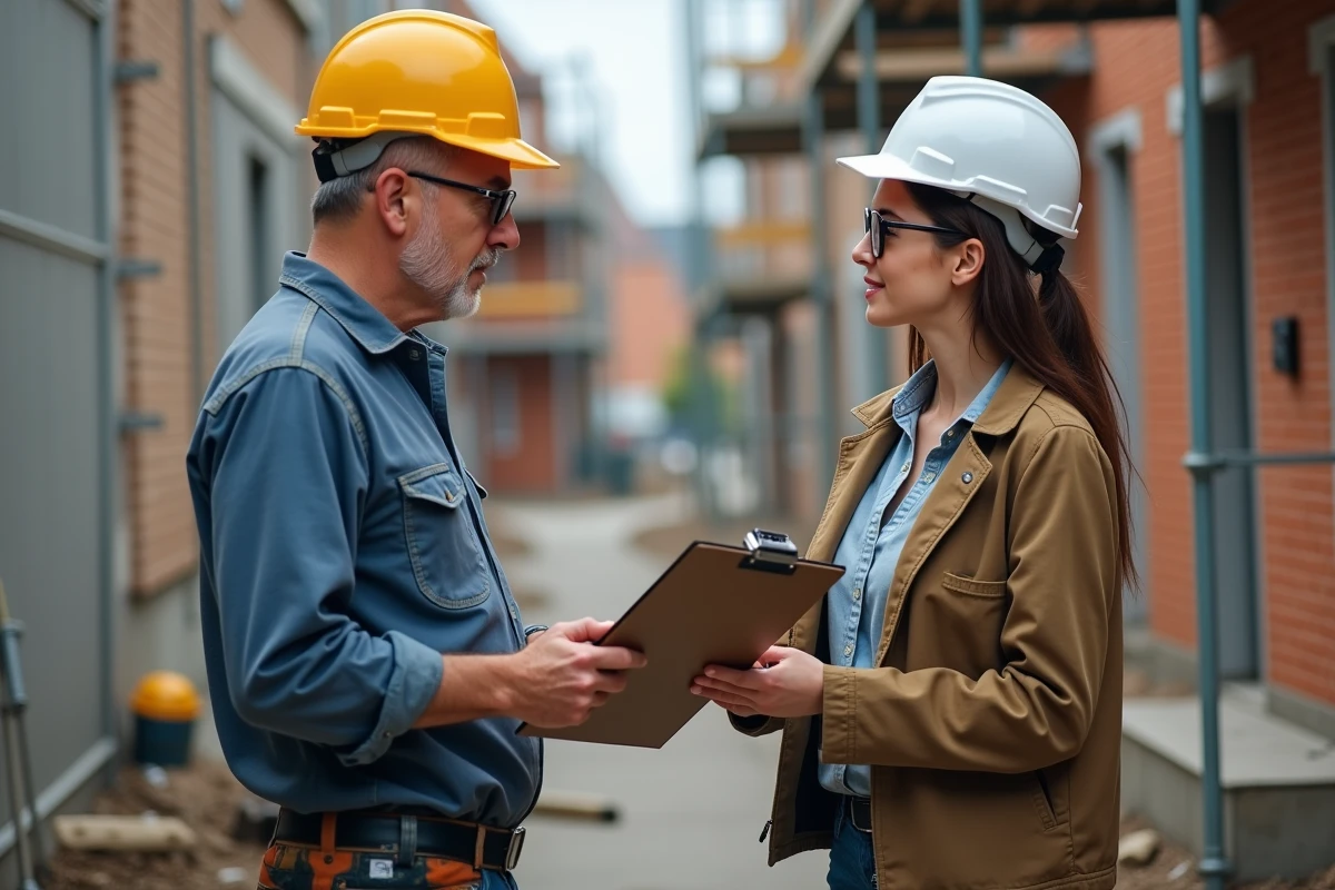 Jeune ingenieure discute avec entrepreneur sur site de renovation