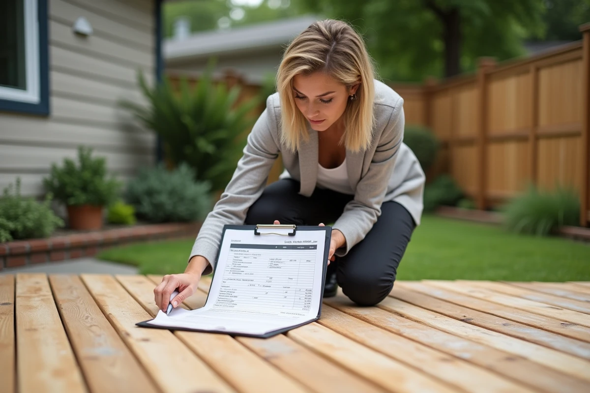 Professionnelle inspectant une terrasse en bois après sablage avec une fiche de devis à la main