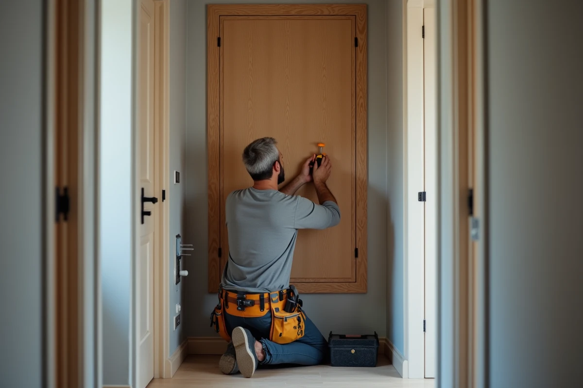 Artisan installant un meuble cache compteur en bois sur mesure dans un couloir résidentiel étroit