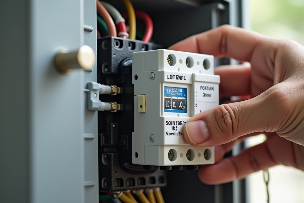 Main installant un parafoudre dans le tableau électrique