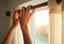 Mains installant des rideaux ringtop à une fenêtre ensoleillée