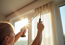 Personne installant un tringle de plafond dans un salon lumineux