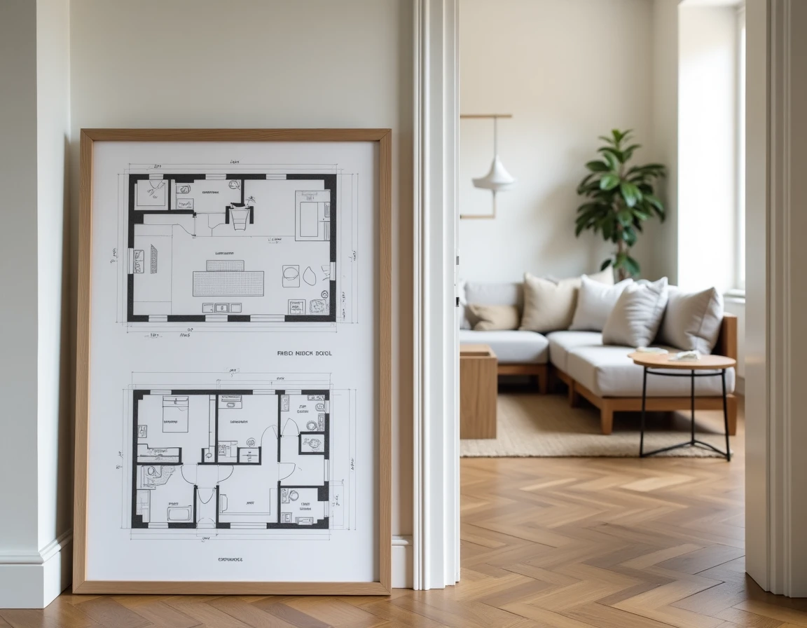 Intérieur d'un appartement de location saisonnière avec plan 3D affiché mettant en valeur l'espace