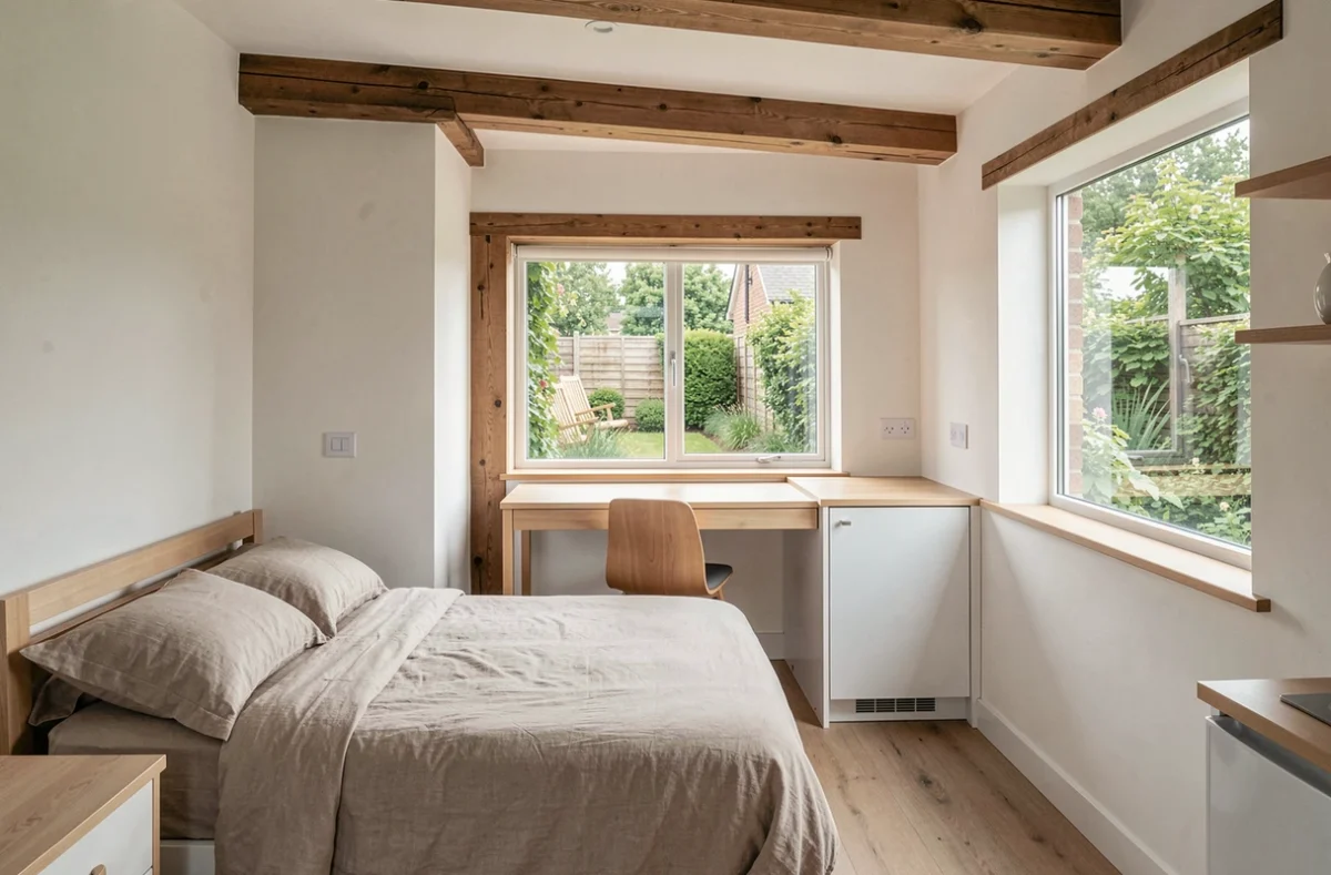 Intérieur aménagé d'un studio de jardin Greenkub en location avec coin lit, bureau et kitchenette
