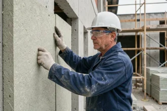 Ouvrier du BTP installant des panneaux d'isolation thermique sur un mur extérieur d'un chantier de construction conforme à la réglementation thermique 2026
