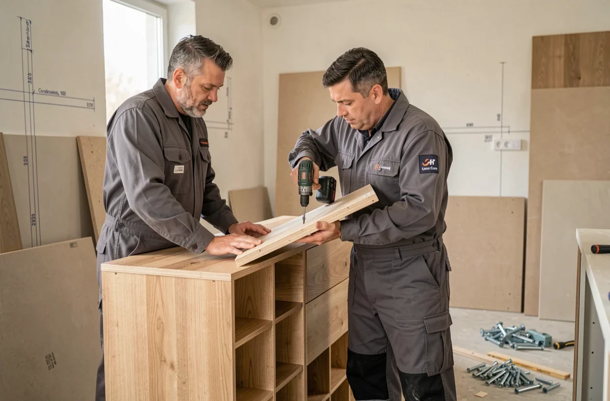 Deux artisans de J & K Menuiserie posant un meuble de cuisine en bois sur mesure dans une maison moderne