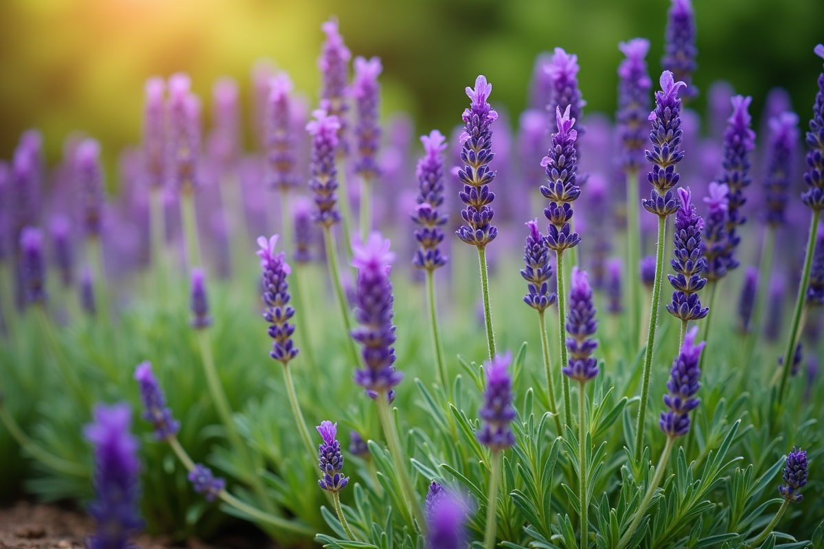 Jardin avec lavande en pleine croissance et fleurs violettes