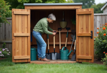 Femme organisée dans son abri de jardin en jeans et pull vert