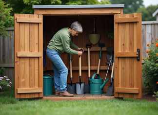 Outils de jardinage : ranger à l’extérieur sans risques ? Femme organisée dans son abri de jardin en jeans et pull vert